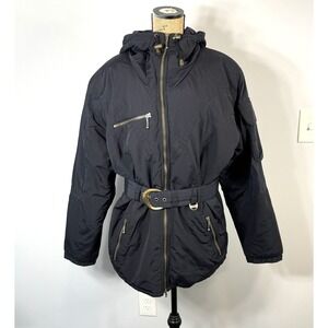 NILS Black Hooded Belted Insulated Winter Coat Women's Size 12  Full Zip Vintage
